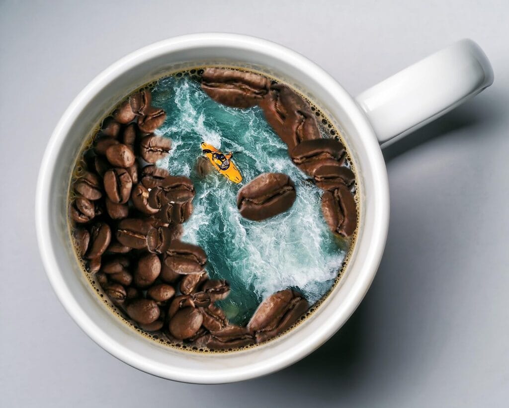 manipulation, grain, cofee, aroma, cup, drink, beverage, caffeine, hot, kayak, sport, nature, water, river, boat