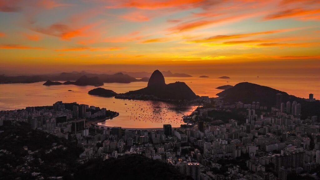 rio de janeiro, city, sunset, sunlight, panorama, sea, ocean, coast, coastline, mountains, buildings, skyscrapers, nature, urban, brazil, aerial view, dusk, evening