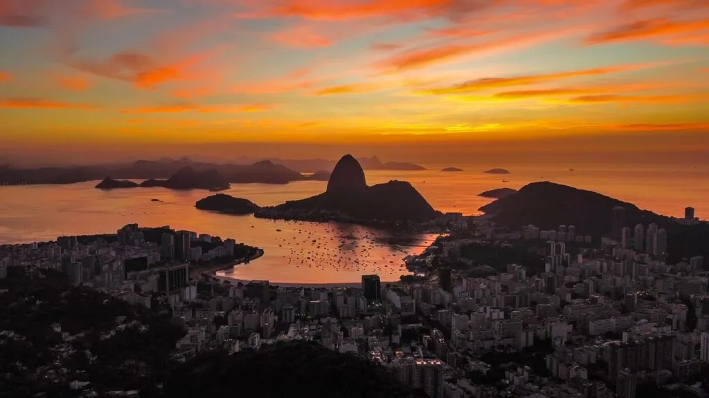 rio de janeiro, city, sunset, sunlight, panorama, sea, ocean, coast, coastline, mountains, buildings, skyscrapers, nature, urban, brazil, aerial view, dusk, evening