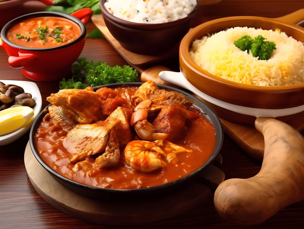 ai generated, melting pot, seafood stew, rice, soup, traditional brazilian, food, brazil, cuisine, brazilian, bobó de camarão