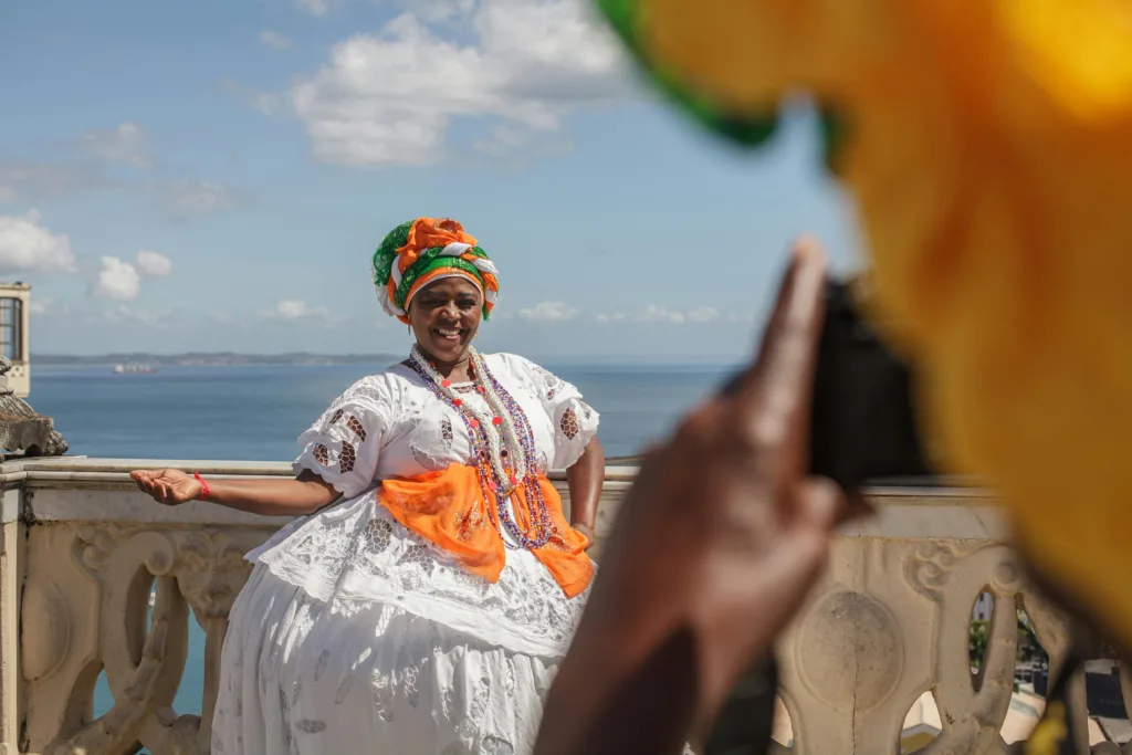 Woman in traditional clothing posing