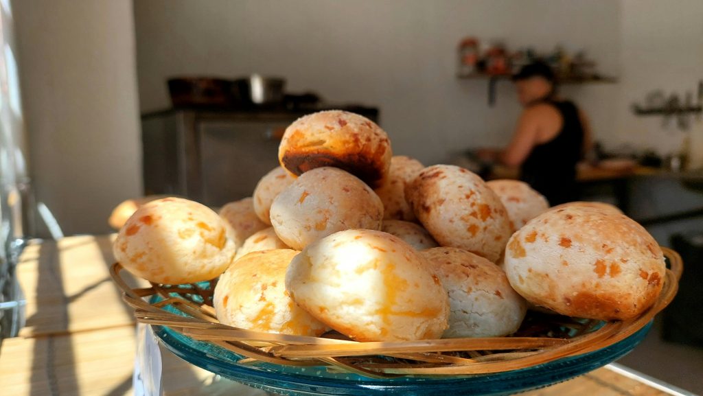 Delicious brazilian cheese bread on display
