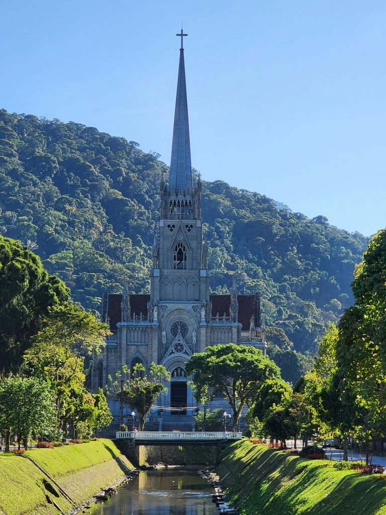 Gothic cathedral in lush green valley