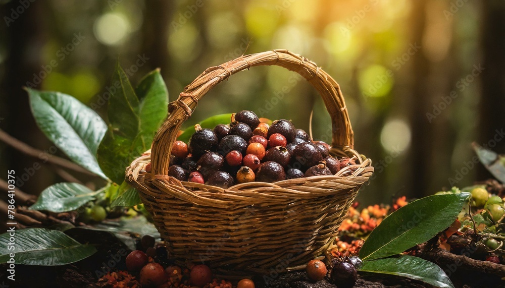 Na densa floresta, um cesto de bacaba é colhido pelos nativos, suas bagas pequenas e escuras escondendo um elixir de saúde e vitalidade.