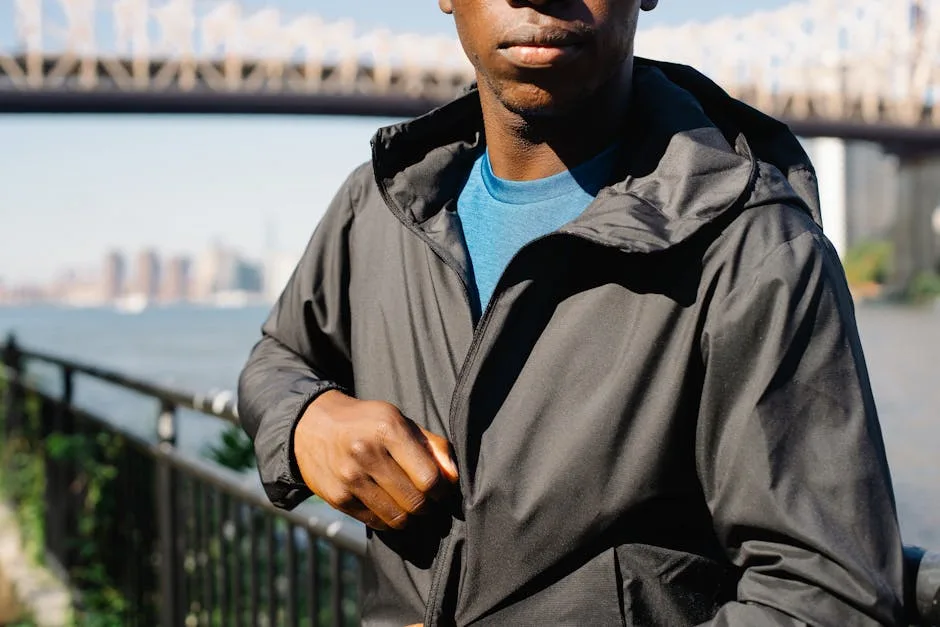 traveler layering jacket in city in Brazil