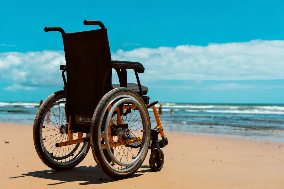 wheelchair on wooden beach walkway in Brazil