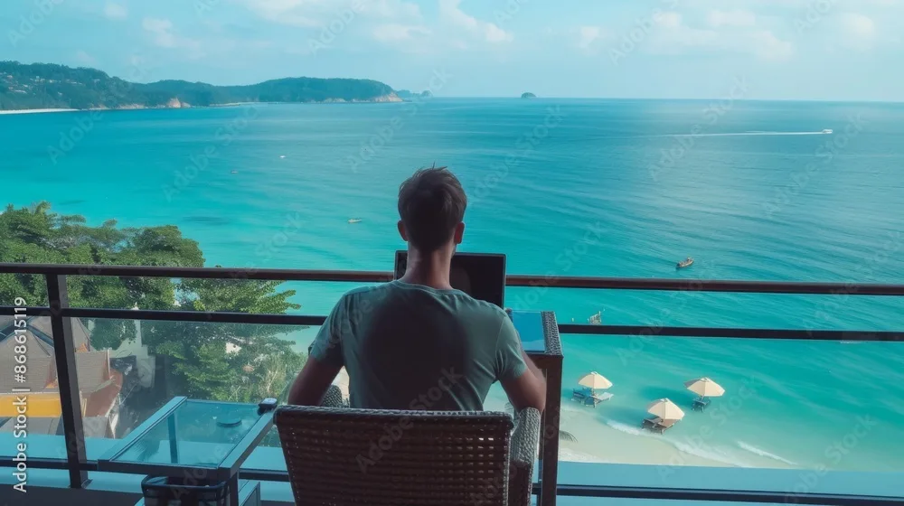 person working laptop ocean view in Brazil