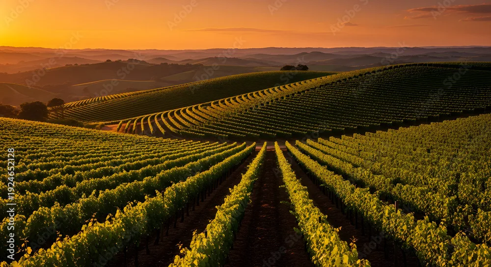 vineyard rows rolling hills sunset in Brazil