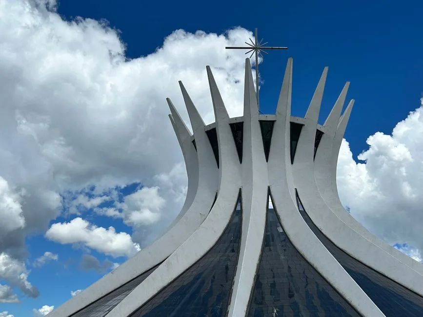 modernist curved concrete cathedral exterior in Brazil