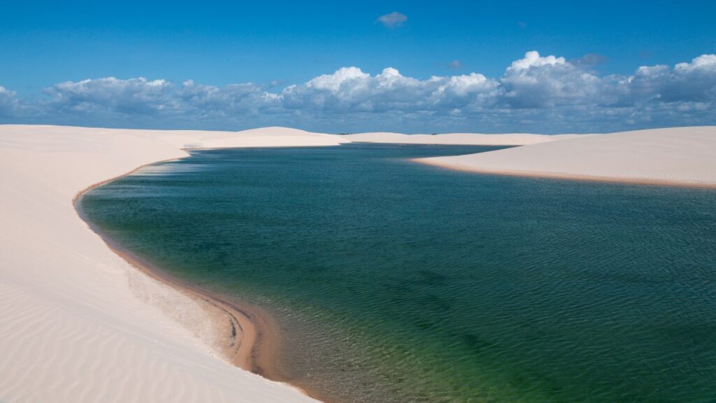 Lencois Maranhenses blue lagoon aerial in Brazil