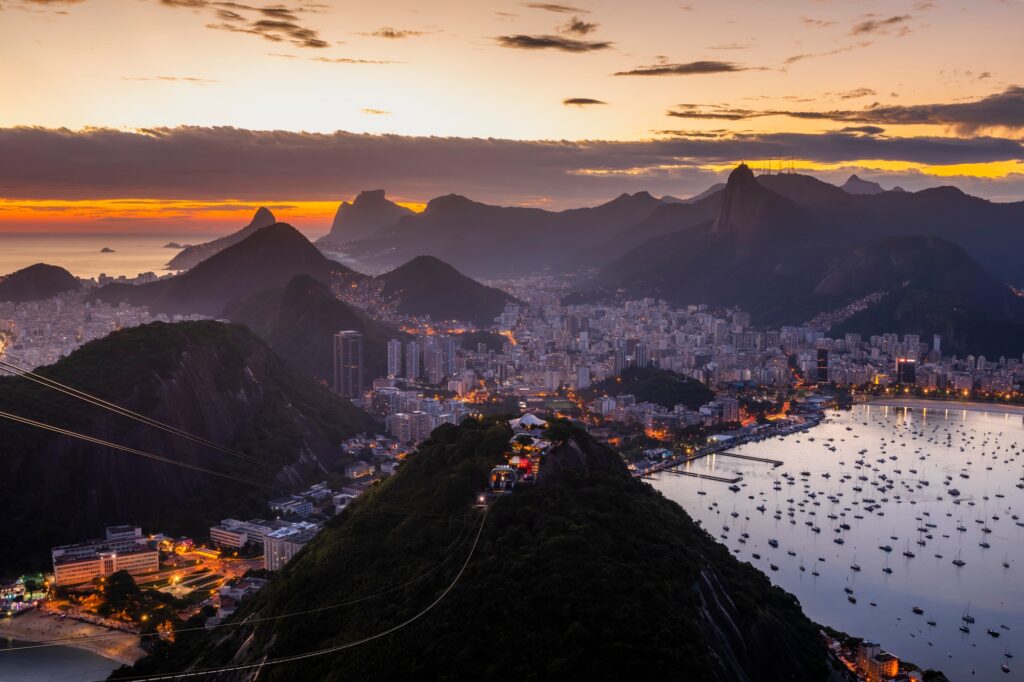 Sugarloaf Mountain sunrise from Copacabana in Brazil
