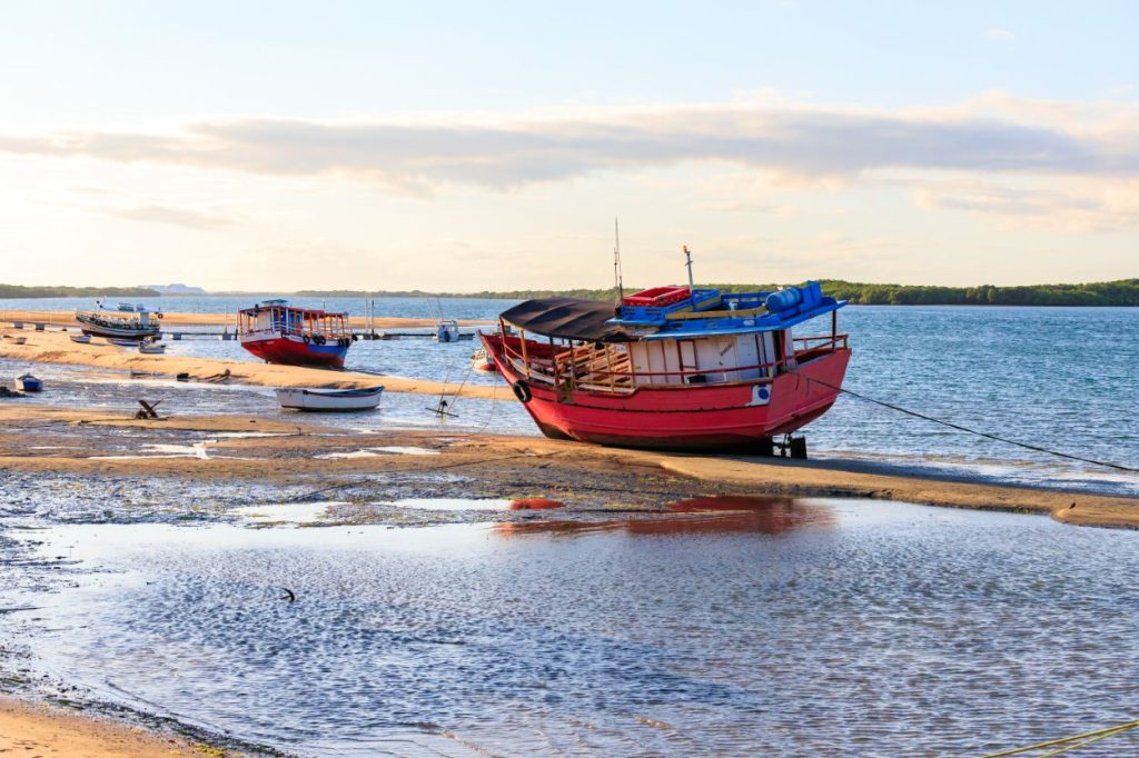 Galinhos fishing boats sandbar village in Brazil