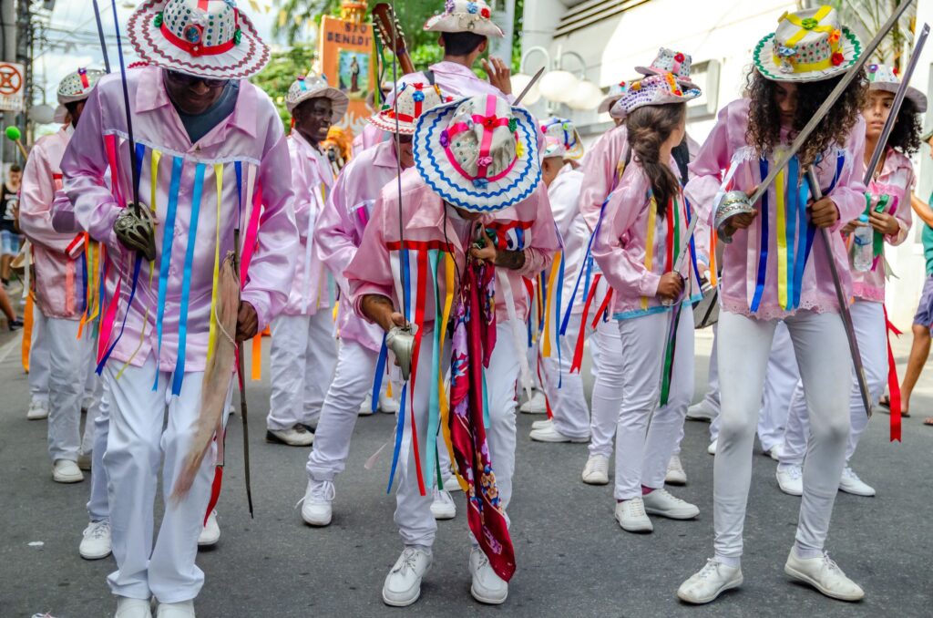 congado dancers colorful costumes street in Brazil